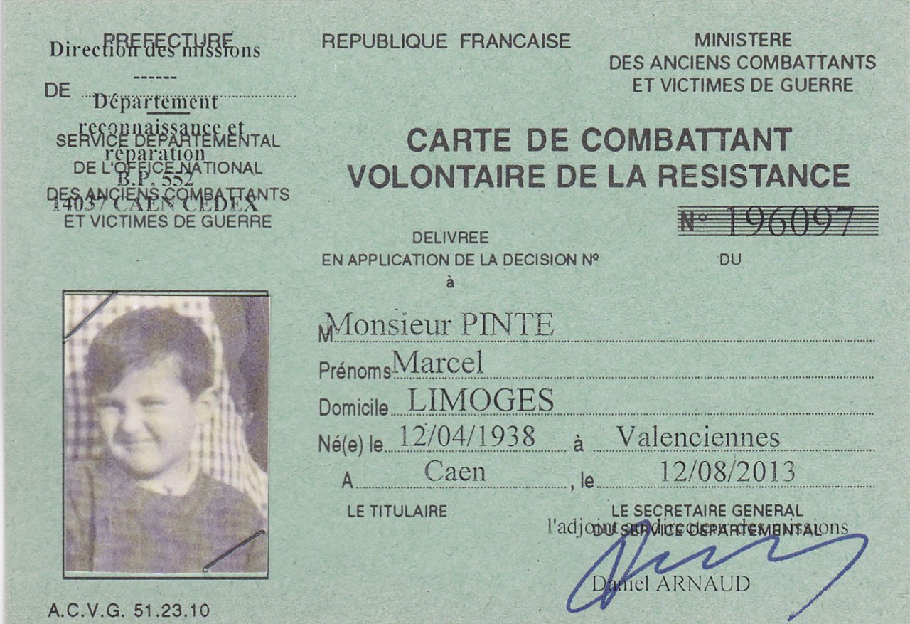 This photo provided by the Bremaud family shows the Resistance card of Marcel Pinte. Quinquin, his code name, followed orders, crossing enemy lines to pass messages if needed. In the end he was killed by friendly fire, at the age of 6, likely France's youngest member of the Resistance fighting occupying Nazis during World War II. Marcel Pinte is among the fallen being honored Wednesday, when France commemorates the Nov. 11, 1918 armistice ending World War I and pays homage to all those who have died for the nation. (Courtesy of the Bremaud family via AP)