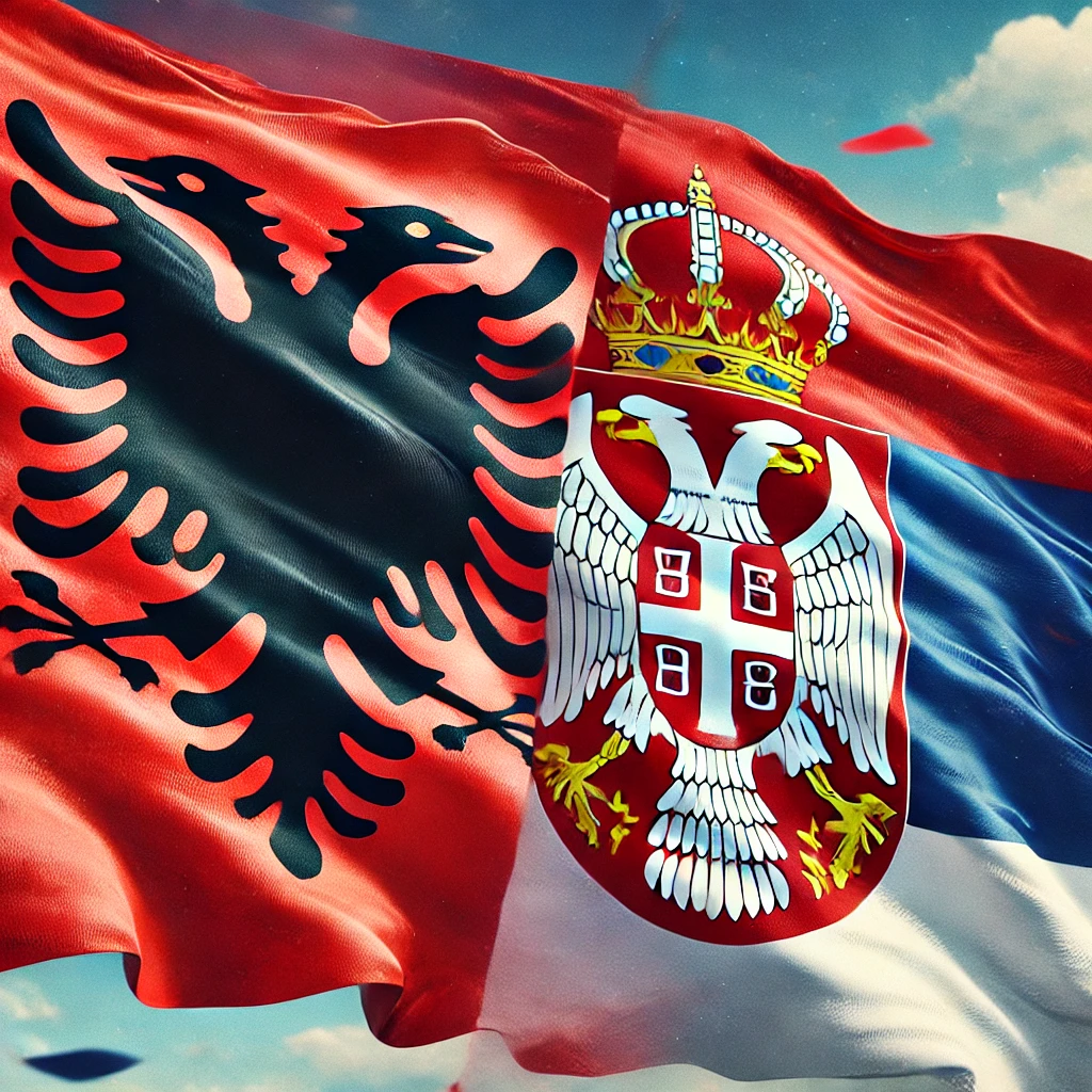 DALL·E 2025-02-05 12.05.48 - A high-quality digital illustration of the flags of Albania and Serbia side by side, waving in the wind. The Albanian flag features a black double-hea